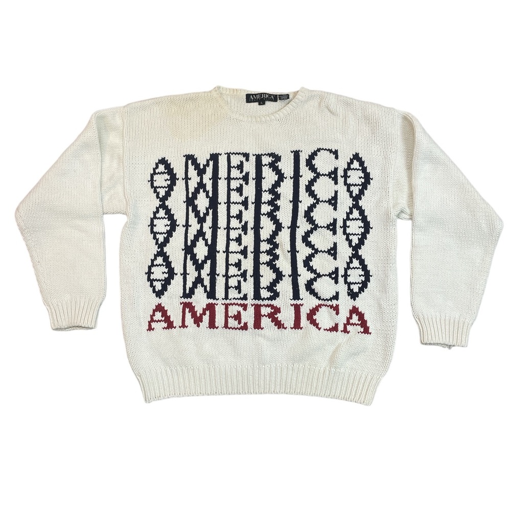 Perry Ellis Cream Sweater with Blue and Red Design